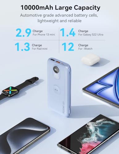 Portable Charger 10000mAh 20W, Wall Plug, 2 Cables, iWatch Charging - color: Mist Blue