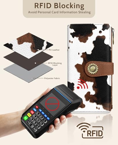 GIANCOMICS Cow Print Womens Wallet RFID Blocking, Credit Card Holder Bifold | Billfold, Cute Cash Purse, Travel Zipper Coin Pocket, Compact Clutch, PU Leather, ID Window, 11 Card Slots, Ladies Gift Woman - color: Cow Print