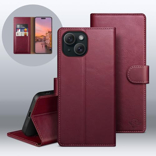 Wallet Case for iPhone 15 6.1", Wine Red | RFID-Blocking Card Holder, Kickstand, Magnetic Closure, PU Leather Folio Flip Cover, Protective Women Men Cases - color: Wine Red, size: iPhone 15