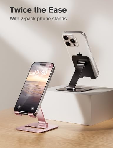 Nulaxy 2 Pcs Aluminum Dual Folding Cell Phone Stand for Desk Black&Rosegold - color: A-Black & Rose Gold