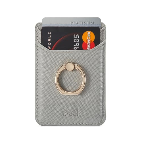 Card Holder Sleeve with Ring, RFID Credit Wallet PU Leather Stick On Back Grip for iPhone Samsung Smartphone - Silver - color: Silver
