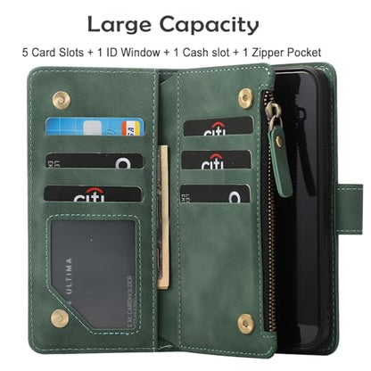 RANYOK Wallet Case for iPhone 15 (6.1 inch) with RFID Blocking Credit Card Holder, Premium PU Leather [Zipper Pocket] Flip Folio Wallet with Wrist Strap Kickstand Protective Case (Black Green) - color: Black Green
