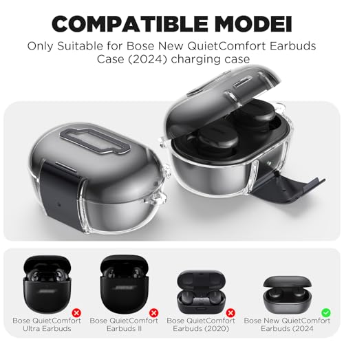 for Bose New QuietComfort Earbuds Case (2024), TPU Protective Cover with Phone Holder Stand & Double Safety Lock, Supports Wireless Charging, Includes Carabiner and Cleaning Pen (Transparent) - color: Transparent