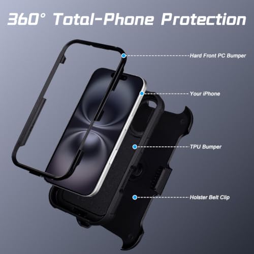 for Defender Phone Case iPhone 16 Case with Clip Holster Kickstand Black | for iPhone 16 Case Heavy Duty iPhone16 Phone Case Rugged 2 Layers of Sturdy,Anti-Drop for Phone Case iPhone 16Case Protective - color: Black