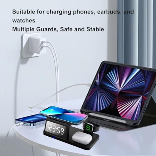 Sanpyl 3 in 1 Wireless Charging Station for Multiple Devices, 15W Fast Charging Station for Phone Watch Earbuds, with Alarm Clock, 19x10x6mm