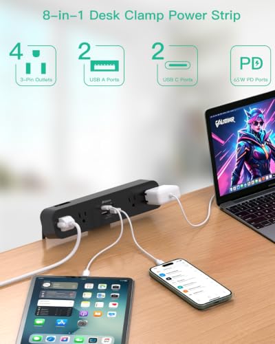 Mifaso PD65W Desk Clamp Power Strip, 1080J Surge Protector, 2 USB C - color: Black, size: PD65W