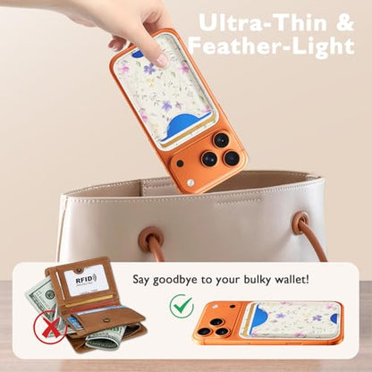 Compatible with Magsafe Wallet Magnetic Card Holder - Flower Phone Wallets for Women Teen Girls Cute for iPhone 17/16/15/14/13/12 Series Slim for Apple Mag RFID Magnet,Fit 3 Cards - color: Flower