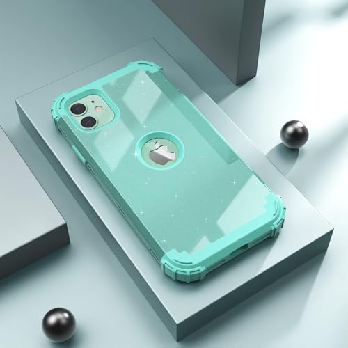 IDweel for iPhone 11 Case with Screen Protector(Tempered Glass), Hybrid 3 in 1 Shockproof Slim Fit Heavy Duty Protection Hard PC Cover Soft Silicone Bumper Full Body Case,Glitter Cyan - color: Glitter Cyan