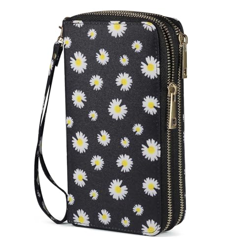 RFID Blocking Cellphone Wallet for Women with Wrist Strap, Double Zipper Travel Clutch Purse Large Capacity, Daisy - color: Black Daisy