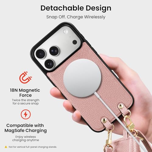 ORNARTO Magnetic Detachable Wallet Case for iPhone 17 Pro Max, Pink | Compatible with MagSafe, Crossbody Wallet Case with Card Holder Wrist Strap, RFID Blocking PU Leather Wallet Phone Cover 6.9” - color: Pink