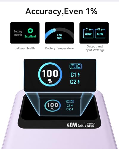 MOKiN 3-in-1 Power Bank,10000mAh 40W Portable Charger with Foldable Plug,Built-in USB-C Cable & LCD Display,Travel Essential Phone Fast Charging Battery Pack,for iPhone 17/16,Samsung etc (Purple) - color: Purple