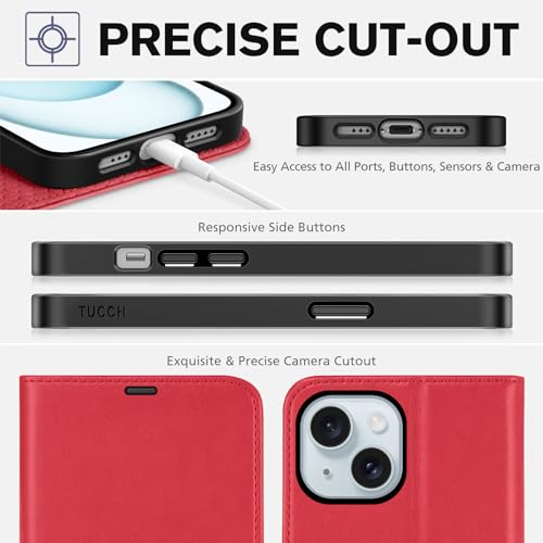 TUCCH Wallet Case for iPhone 15 (6.1") 2023, 4 Card Holders, Red | RFID Blocking, Viewing Stand, Shockproof TPU Shell, PU Leather, Magnetic Closure, Protective Folio Flip Cover - color: Red
