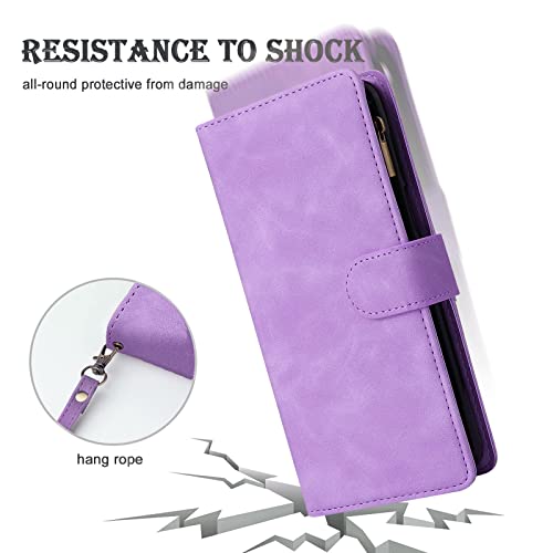 RANYOK Wallet Case Compatible with iPhone 13/14 (6.1 inch), Premium PU Leather Zipper Flip Folio Wallet RFID Blocking with Wrist Strap Magnetic Closure Built-in Kickstand Protective Case (Purple) - color: Purple