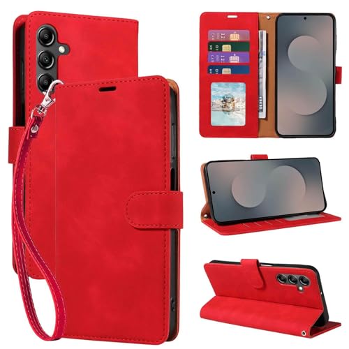 RFID Blocking for Samsung Galaxy S25 FE Case Wallet (Red) | 4 Card Slots, Soft PU Leather, TPU Inner Shell, Wrist Strap, Stand, Magnetic Folio Flip Cover, Shockproof Protective - color: Red