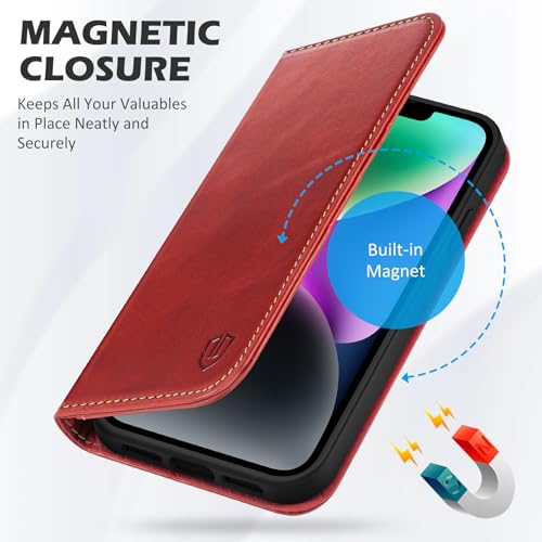 SHIELDON Genuine Leather Wallet Case for iPhone 14 6.1" 2022, Retro Red | RFID Blocking, Credit Card Holder, Magnetic Closure, Kickstand, Folio Design, Shockproof Phone Cover - color: Red - Retro