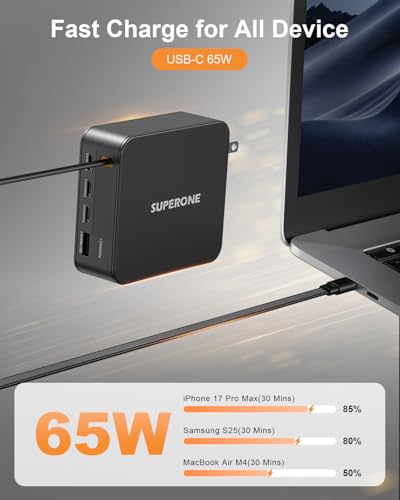 SUPERONE 65W Retractable Phone Charger, USB C Fast Laptop Charger, 5 in 1 - color: Jet Black