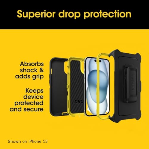 OtterBox iPhone 15, iPhone 14, & iPhone 13 (Only) - Defender Series Screenless Case - Night (Black & Yellow) - Rugged & Durable - with Port Protection - Holster Clip Includes - color: Night (Black & Yellow), style: Non-MagSafe