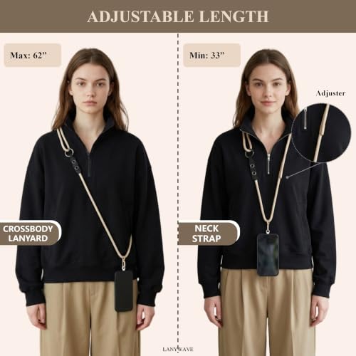 Adjustable Crossbody Phone Lanyard with Hanging Loops - color: Beige