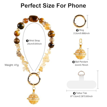 TEAMOLA Natural Stone Phone Charm - Crystal Phone Beaded Wrist Strap - color: Gold & Yellow & Black