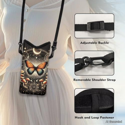 Shockproof Phone Bag Smartphone Purse Neoprene Crossbody Cellphone Pouch with Detachable Adjustable Strap Water-Resistant for Phone, Keys, Lipstick, Butterfly Mushroom Moon Star Black - color: Butterfly Mushroom Moon Star Black