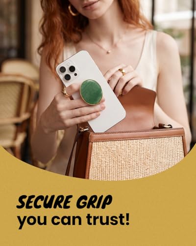 Natural Gemstone Phone Grip Collapsible Cell Phone Holder & Expanding Kickstand, Authentic Oval Crystal with Gold Edge (Green Aventurine, Adheisve Base) - color: Green aventurine