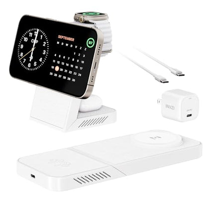 3-in-1 Fast Wireless Charging Station Multiple Devices, MagFree Transform 15W Magnetic Travel Charger Stand for iPhone 16/15/14/13/12, 5W Apple Watch Fast Charger, AirPods - 30W USB-C Charger Included