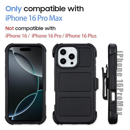 for Case iPhone 16 Pro Max Case with Belt Clip Holster Heavy Duty Black | Protective iPhone 16 ProMax Case Kickstand Shockproof Dustproof Port Sturdy Defender Cover for iPhone 16 Pro Max Cases Black - color: Black