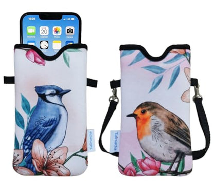 Tainada Neoprene Neck Cell Phone Pouch w/Crossbody Strap (Birds & Flowers) - color: Birds & Flowers