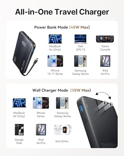 INIU 45W Fast Charging Portable Charger, 10000mAh with Built in Wall Plug | Slimmest, Built-in Wall Plug, USB-C Cable, GaN, Flight-Safe, 3 in 1 Power Bank for iPhone 17, Samsung, iPad etc - color: Black