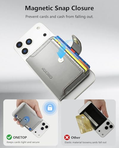 ONETOP for MagSafe Wallet,Magnetic Phone Wallet with 5 Card Slots,Grey | 1-12 Cards/Cash Holder for iPhone 17/16/15/14/13/12 Series,Detachable Wallet Stick-On Back,PU Leather RFID Blocking Kickstand - color: Grey