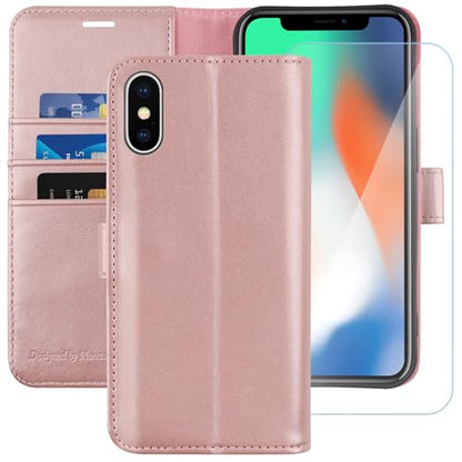 MONASAY Wallet Case for iPhone X/Xs with 3 Card Holders - Rosegold | Kickstand,RFID Blocking,6.6 feet of shock absorption,PU Leather,Strong Magnetic Closure,Fits 5.8 inch ONLY,screen Protector - color: Rosegold
