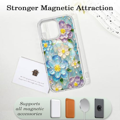 for iPhone 16 Pro Max Magnetic Case【Compatible with MagSafe】 Aesthetic Oil Painting Stained Glass Flower Design, Slim Fit Hard PC Back Shockproof Cute Clear Phone Cover, Blue Purple - color: Blue Purple, size: iPhone 16 Pro Max