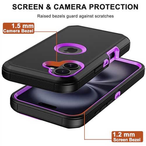 for iPhone 16 Phone Case, Military Grade Drop Protection Cell Phone Cover with Belt Clip Holster Stand, Screen Protector x2 Rugged Shockproof Kickstand for iPhone 16 Case 6.1 inch (Purple) - color: Purple