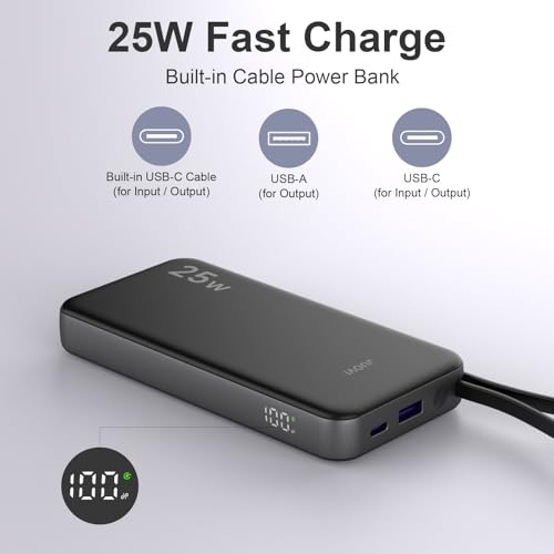 JUOVI Power Bank 25W 10000mAh Portable Charger with Built-in Cable - color: Green