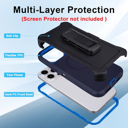Magnetic for iPhone 14 Pro Max Case with Belt Clip and Kickstand | Military Grade Drop Protection Case for iPhone 14 Pro Max, with 360°Rotating Kickstand, Navy Blue 6.7" - color: Navy+Blue