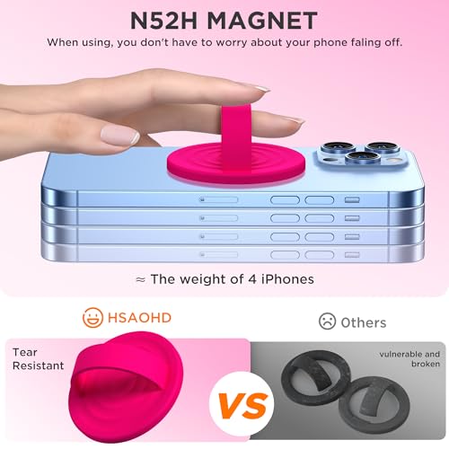 Upgraded Magnetic Phone Grip, Liquid Silicone Soft and Portable, Removable Finger Loop Ring Grip Holder for iPhone, Strong Magnetic Attraction, Compatible with MagSafe Phone Case, Neon Pink - color: Neon Pink