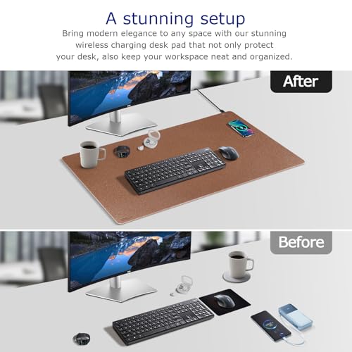 EYStech™ Desk Pad with Wireless Charger, Leather, Waterproof, Anti-Slip Wool Felt Base Material, Office Table Mat, Fast Charging Gaming Mouse Pad, 32”(L) x 16”(W), Brown (Right Side Charging Port)