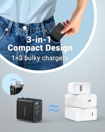 TOPADRE 65W USB C Charger Block,PD PPS 3 Ports GaN Charger Foldable Compact - color: Black, size: 65W, style: 1-pack