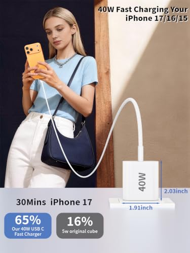 iPhone 17 16 Fast Charger, 40W 3Pack iPhone 17 Charger Fast Charging Block - size: 3FT