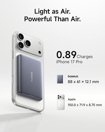 Baseus Picogo Power Bank, Smallest 7.5W MagSafe Portable Charger, 0.5" Ultra Slim 5000mAh Magnetic Battery Pack, Alloy Wireless Charger for iPhone 17 Pro Max/17 Air/16 Series