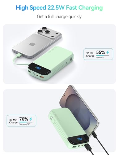 Phone Battery Bank 32000mAh 22.5W w/Built-in Cables & USB C Fast Charging - color: Green
