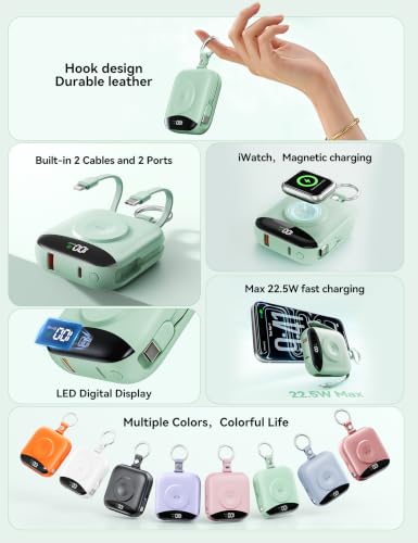 Portable Charger 10000mAh 22.5W Power Bank Built-in 2 Cables Keychain | Charge 5 Devices, TSA approved, Travel Fast Charging Battery Pack for iPhone Samsung Google Android & iWatch Charger, Green - color: Green