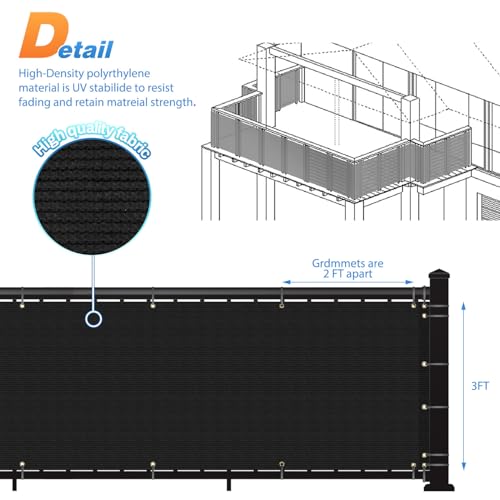 TANG 3' x 25' Balcony Privacy Screen Fence for Apartment Deck Railing, 200GSM Heavy Duty Block Outdoor Privacy Fencing Cover for Patio Porch Backyard Screens, Black