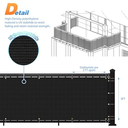 TANG 3' x 25' Balcony Privacy Screen Fence for Apartment Deck Railing, 200GSM Heavy Duty Block Outdoor Privacy Fencing Cover for Patio Porch Backyard Screens, Black