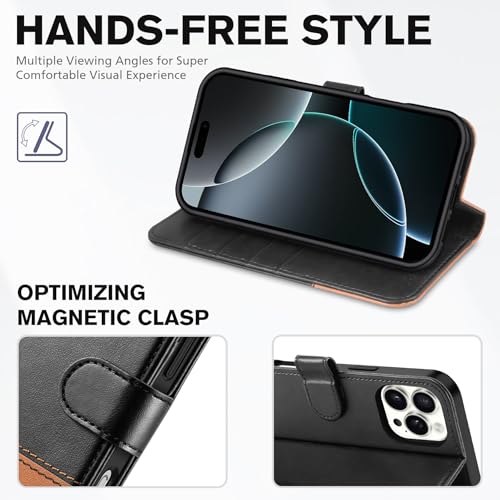 TUCCH Case Wallet for iPhone 16 Pro Max, RFID Blocking Folio, Black & Brown | 4 Card Holders, Kickstand, PU Leather, Magnetic Closure, Shockproof TPU Shell, Protective Flip Cover - color: Two-tone Black & Brown