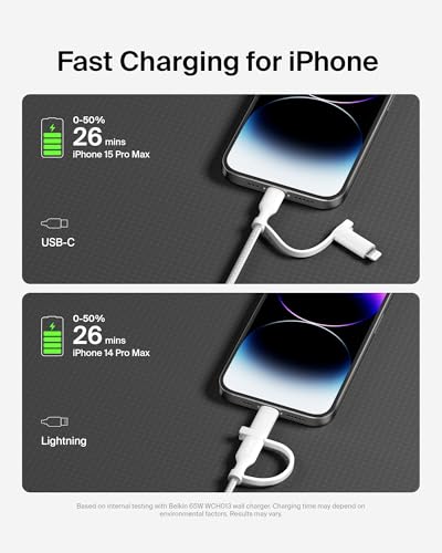 Belkin 2 in 1 USB C to USB C & Lightning Braided Cable 5ft Charger Cord - color: White