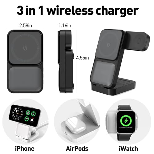 3in1 Charging Station for Apple - Foldable Wireless Charger Stand for MagSafe Portable, Travel Wireless Charger Station for Multiple Devices for iPhone 16, 15, 14, 13, Apple Watch, AirPods S1BLACK