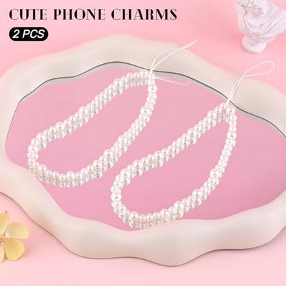 2 PCS Pearl Beaded Cute Phone Charms Y2K Cellphone Lanyard Wrist Strap J - color: Pearl J-2 Pcs