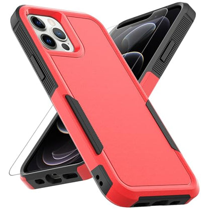 for iPhone 12 / iPhone 12 PRO Case: Dual Layer Protective Heavy Duty Cell Phone Case Shockproof Rugged Bumper Tough with Screen Protector - Military Grade Drop Tested for iPhone 12/12 PRO, Red - color: Red (PC) + Black (TPU)
