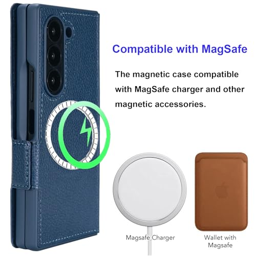 for Samsung Galaxy Z Fold 7 Wallet Case with Card Holder Slots & Compatible with MagSafe, RFID Blocking, Hinge Protection, Magnetic Luxury Leather Slim Wallet Folio Phone Cover (Blue) - color: Blue, size: Z Fold 7